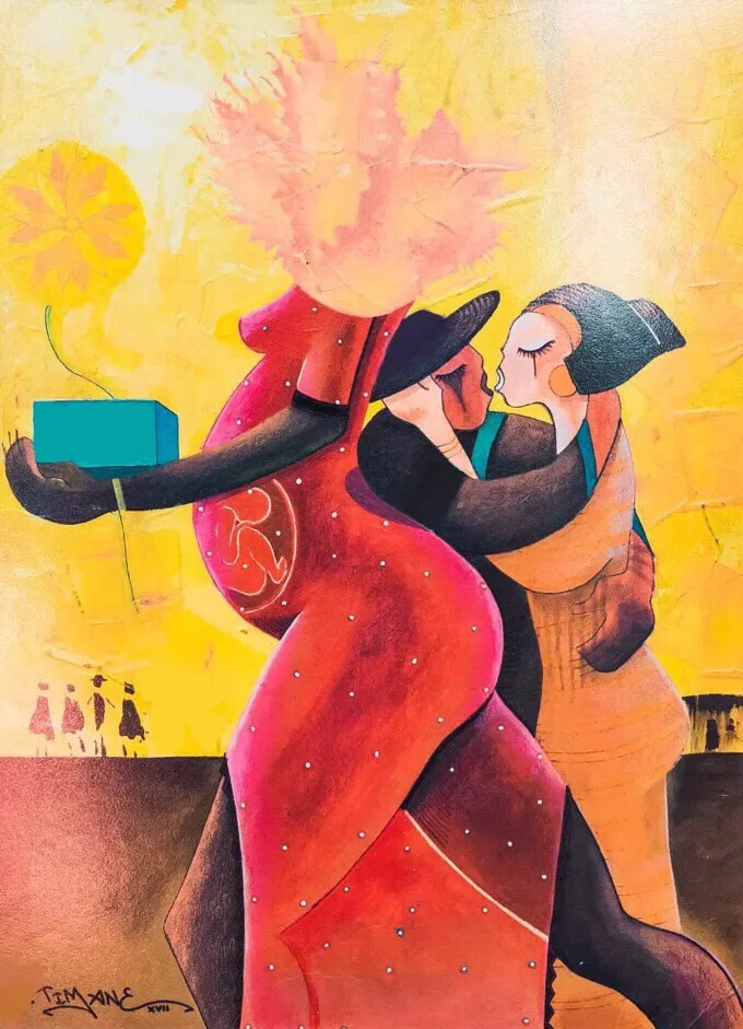 Pintura de João Timane, renomado artista moçambicano – obra visual que dialoga com a crítica social do texto 'A Poligamia do Poder'