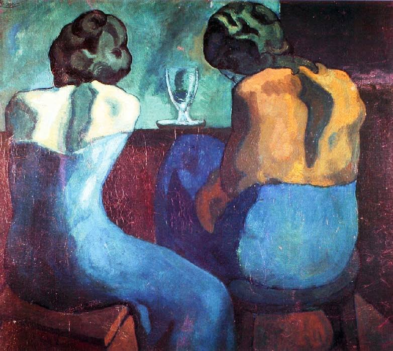 Pintura 'Prostitutas en el bar' (1902) de Pablo Picasso, em tons azulados, evocando a melancolia urbana do conto Cosmópolis