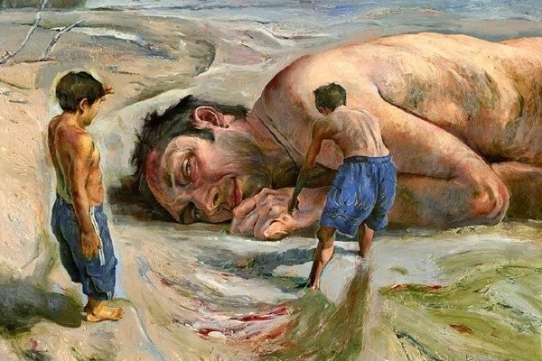 Ilustração poética do conto O afogado mais bonito do mundo, com um homem flutuando no mar.