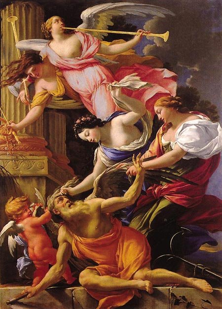 Ilustração poética e contemporânea de Saturno com sua foice, em tons sóbrios.