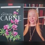 Capa do livro A flor da carne ao lado do retrato de Cecilia Costa Junqueira, em imagem quadrada