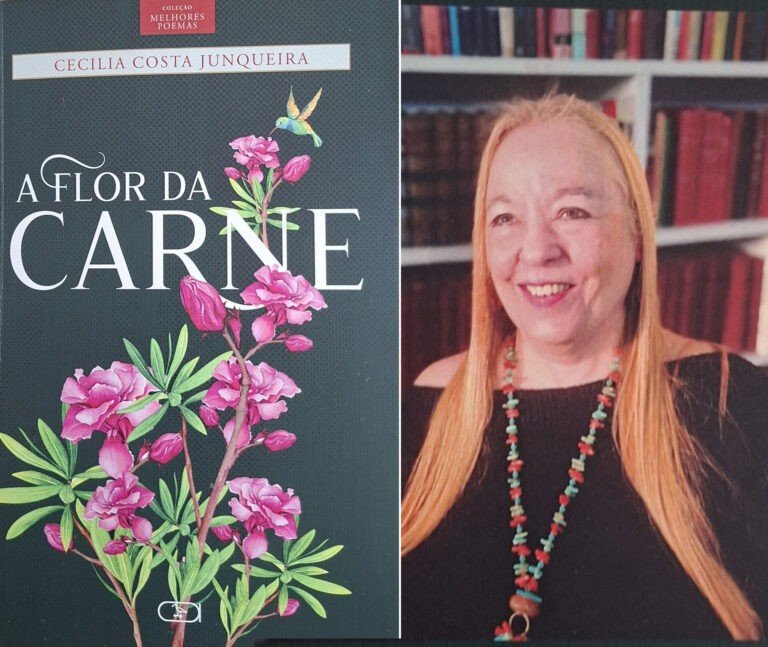 Capa do livro A flor da carne, com flores cor-de-rosa e um beija-flor sobre fundo verde-escuro, ao lado de um retrato sorridente de Cecilia Costa Junqueira diante de uma estante de livros
